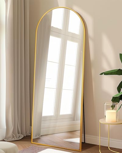 59" x 18" Arched Full Length Floor Mirror with Stand, Gold Aluminum Frame