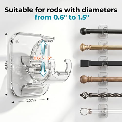 No Drill Curtain Rod Brackets - 4 Pack Adhesive Wall Hooks for Curtains