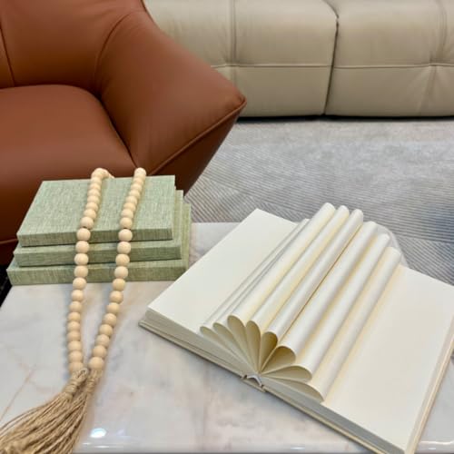 4-Piece Sage Linen Decorative Books Set with Wood Beaded Tassel