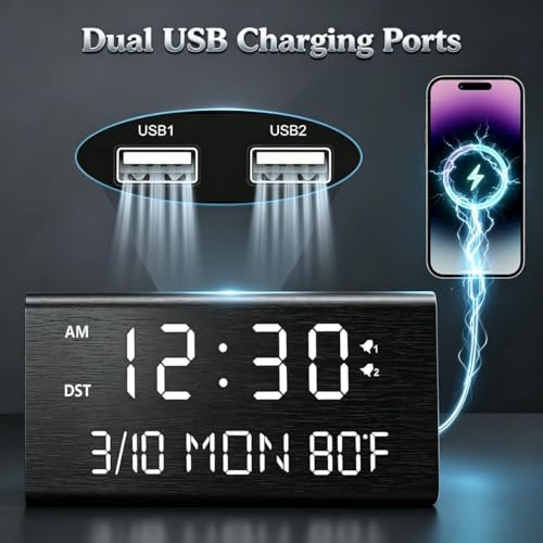 Wooden Digital Alarm Clock with Dual USB Charging Ports and Dimmable LED
