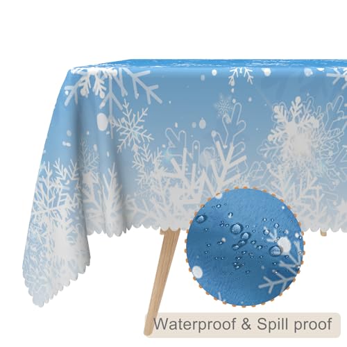 60x120in Winter Wonderland Blue White Snowflakes Tablecloth - Waterproof Polyester, Rectangular
