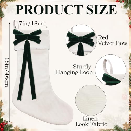 4 Pcs Linen 18in Christmas Stockings with Velvet Green Bow – Farmhouse Holiday Set