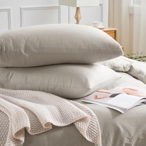Twin Size Duvet Cover Set - 100% Washed Cotton, Breathable & Durable, Cream Grey