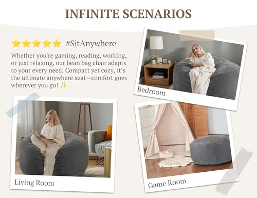 3ft Memory Foam Bean Bag Chair with Removable Velvet Cover, Dark Grey
