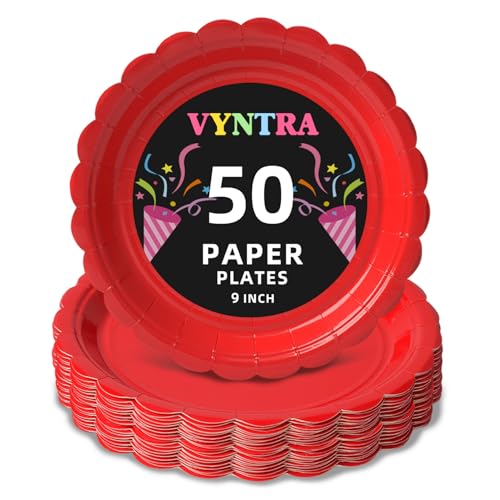 Red 9-Inch Scalloped Paper Dinner Plates - Pack of 50, Festive Holiday & Party Tableware