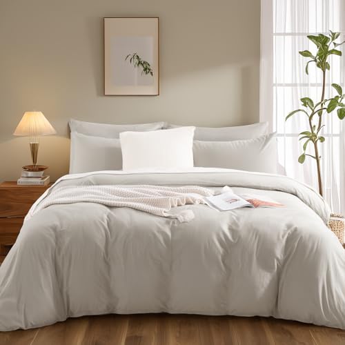 Twin Size Duvet Cover Set - 100% Washed Cotton, Breathable & Durable, Cream Grey