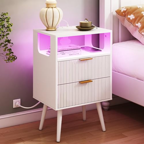Modern White Nightstand with Charging Station, 2 Drawers and LED Lights
