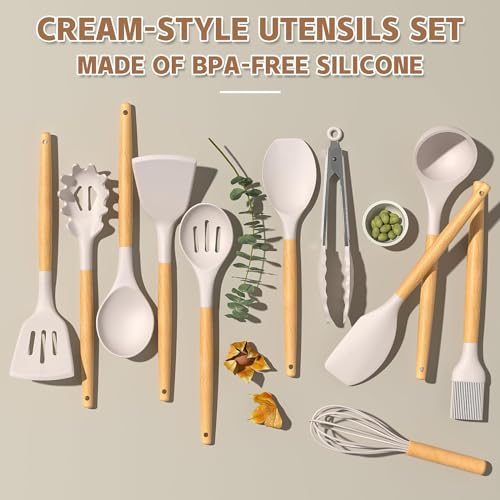 33-Piece Non-Stick Silicone Kitchen Utensils Set with Holder & Wooden Handles