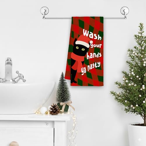Christmas Black Cat Santa Hat Kitchen Towels - Red & Green Checkered Hand Towels, 16x24in, Gift for Cat Lovers