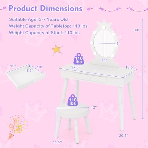 Kids Vanity Set with Lighted Mirror, Stool, and Drawer - Wooden Dressing Desk