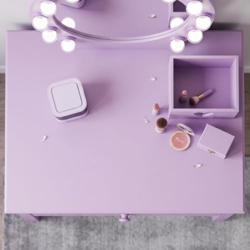 Kids Purple Vanity Set with LED Lighted Mirror and Stool for Ages 4-8
