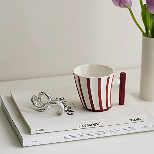 ODIINCY Red & White Stripe 12 Oz Handmade Ceramic Coffee Mug