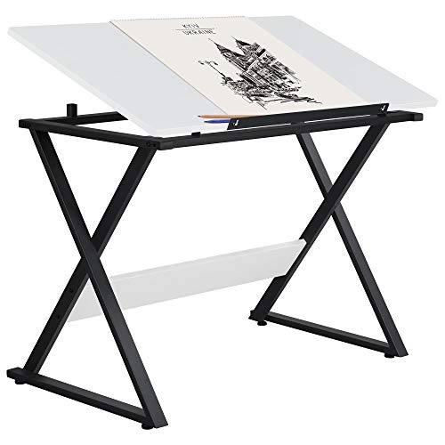 Adjustable Drafting Table with Tilting Top, White Art Desk for Drawing