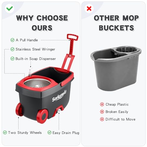 Spin Mop and Bucket Set with 6 Microfiber Heads, Stainless Steel Wringer
