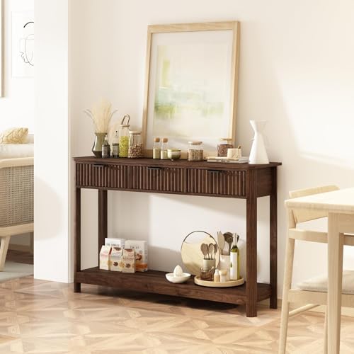 Fluted Wood Console Table with 3 Drawers, 47-inch Boho Entryway Sofa Table
