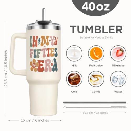 50th Birthday Gift Tumbler for Her - 40oz 50s Era Stainless Steel with Handle & Straw Lid