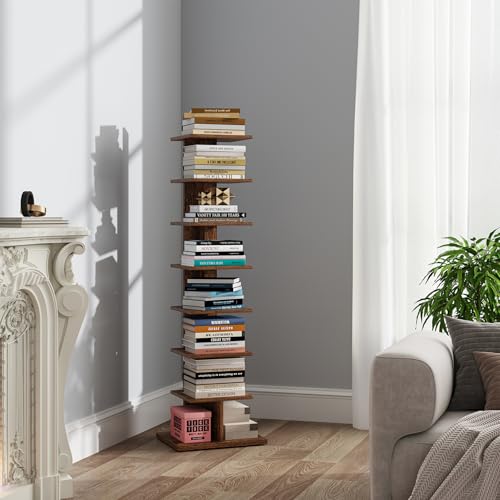 8-Tier Vertical Spine Bookshelf for Small Spaces, Narrow Corner Book Tower