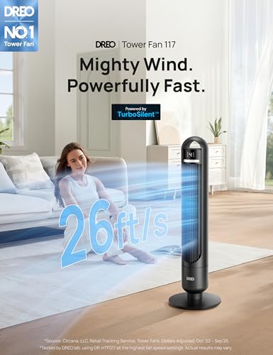 Dreo Tower Fan, Quiet 28dB Oscillating Standing Fan with Remote