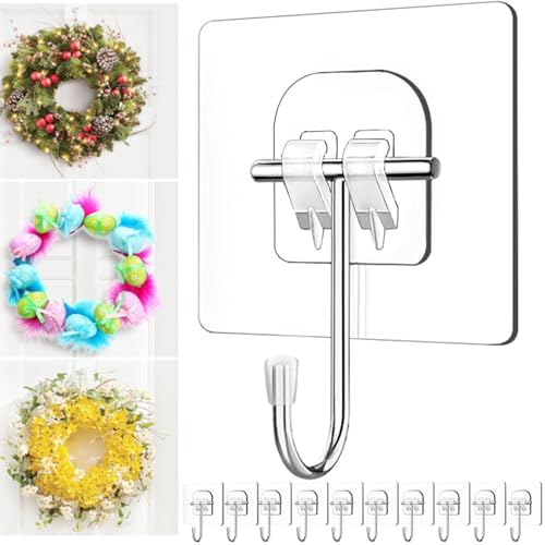 Clear Adhesive Wreath Hangers for Front Door & Glass - 10 Pack, 60lb