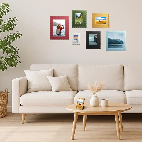Chrspk 8x8 Yellow Wavy Picture Frame with 6x6 Mat, Real Glass