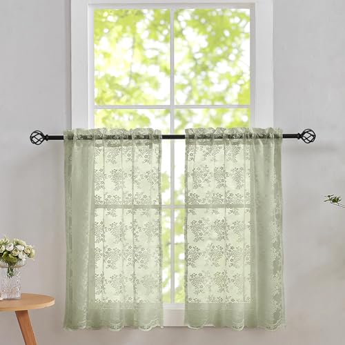 Sage Green Vintage Lace Curtains - 36 Inch Length, Set of 2