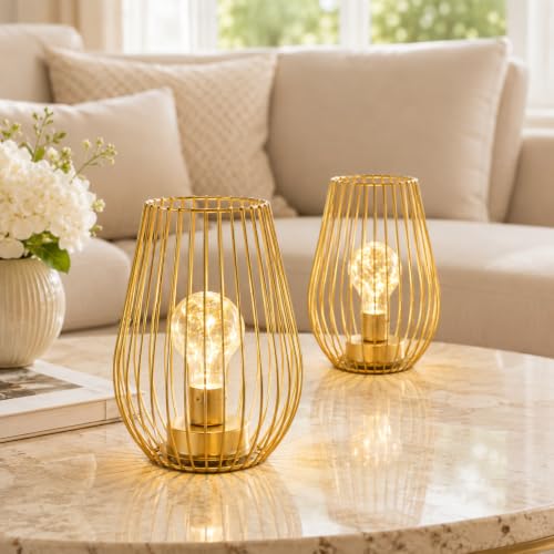 TRIROCKS Gold Metal Cordless Table Lamp Set of 2 - Cage-Shaped Battery Operated Fairy Lights for Indoor & Outdoor Decor