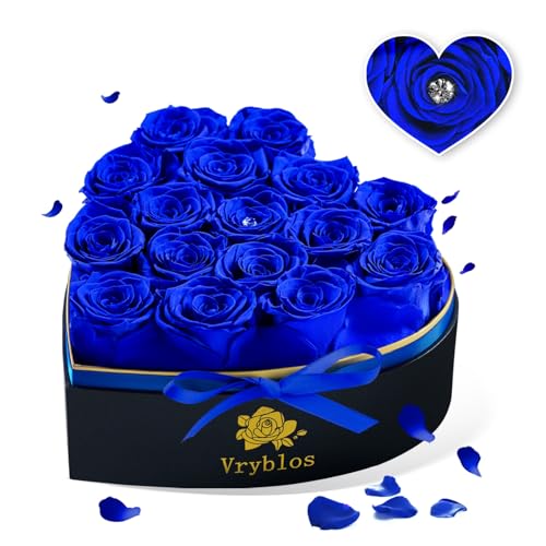 Heart Shaped Preserved Rose Gift Box - 16 Real Long-Lasting Blue Roses