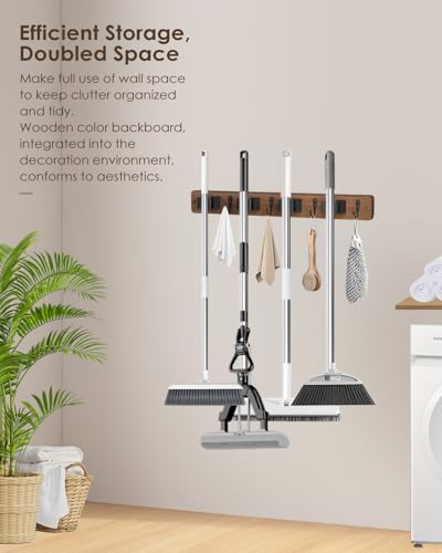 Wooden Broom Holder Wall Mount - 4 Clamps and 4 Hooks Mop Organizer