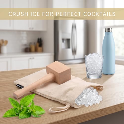 Cakasi Lewis Bag and Ice Mallet Crush Set - Wooden Ice Hammer & Reusable Canvas Bag for Cocktails & Drinks