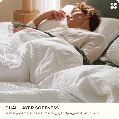 100% Cotton Waffle Duvet Cover Set - 3 Piece Queen Bedding, White