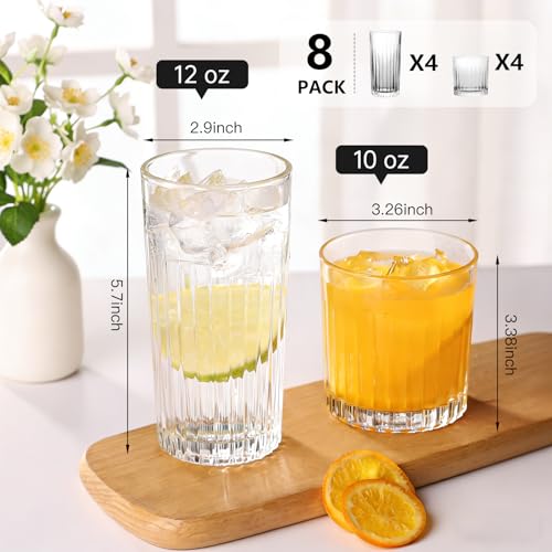 8-Piece Ribbed Glassware Set, 12 oz Highball and 10 oz Cocktail Tumblers
