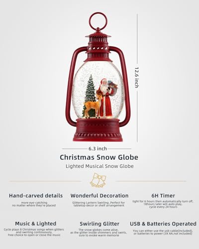12.6-Inch Musical Christmas Snow Globe Lantern with Santa and Timer