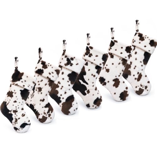 ELEGANTPARK 6 Pack Cow Print Christmas Stockings - 20 Inch Faux Fur Farmhouse Holiday Decor
