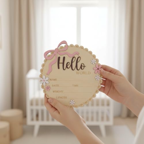 Wooden Baby Birth Announcement Sign with Floral Design