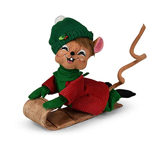 Annalee 8in Snow Fun Toboggan Mouse Figurine - Green