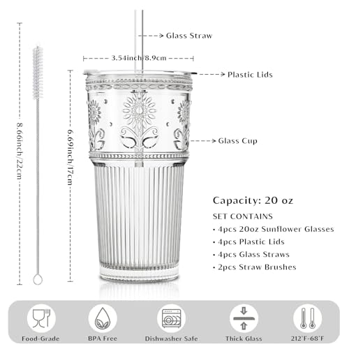 20oz Sunflower Glass Tumbler Set with Lids and Straws - 4 Pack