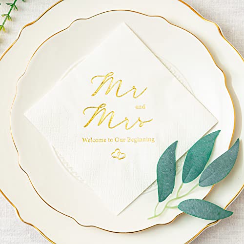 Gold Foil Mr & Mrs Wedding Cocktail Napkins 3-Ply 100 Count - Welcome Party Decor