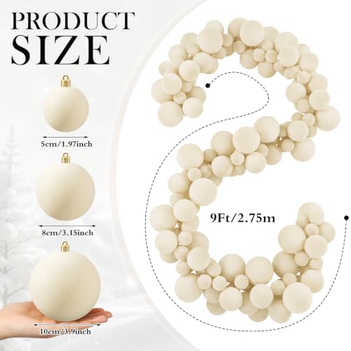Thiccywoov Cream White 9 ft Velvet Ball Garland Ornament (Large 4in/10cm) – 3 Sizes, Indoor/Outdoor