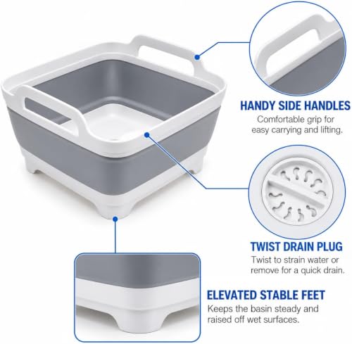 Vamako Collapsible Baby Bottle Wash Basin with Drain Plug - Cool Gray, 2.4 Gal (9L)