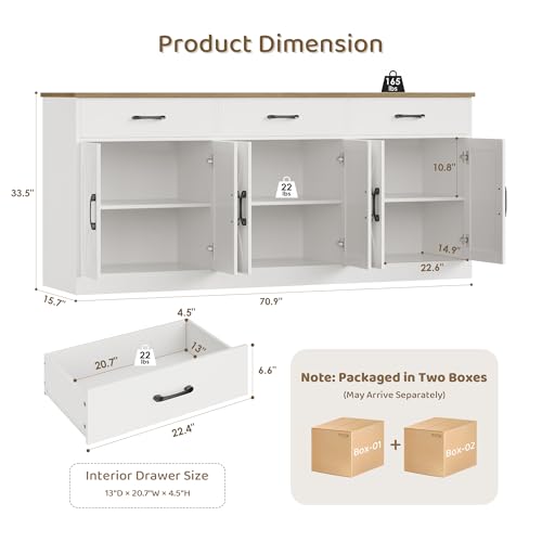 71-Inch Farmhouse Kitchen Sideboard Buffet Cabinet with 3 Drawers