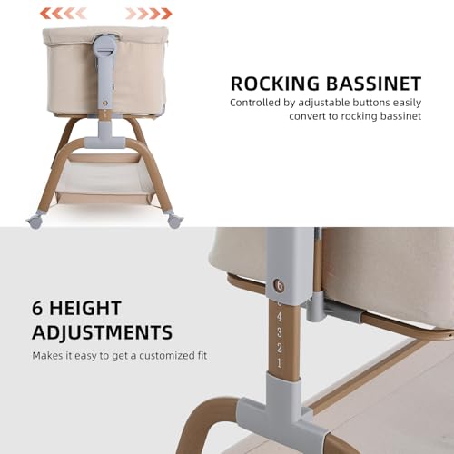 3-in-1 Baby Bassinet Bedside Sleeper & Rocking Crib with Wheels - Khaki