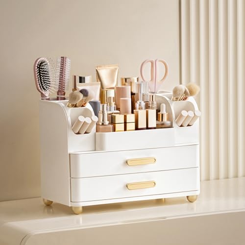 HBlife All White Large Makeup Organizer with Brush Holder & Drawers