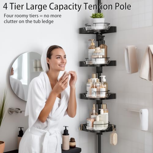 360° Rotating Corner Shower Caddy Tension Pole Organizer Black 4-Tier
