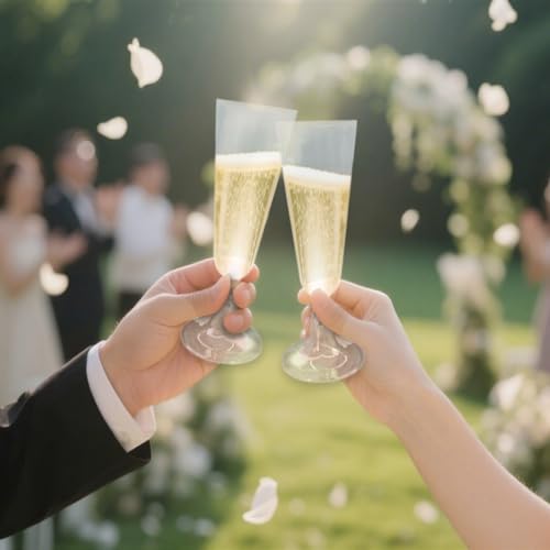GQYJENTLX Clear Plastic Champagne Flutes 25 Pack - Disposable Stemless Glasses for Parties