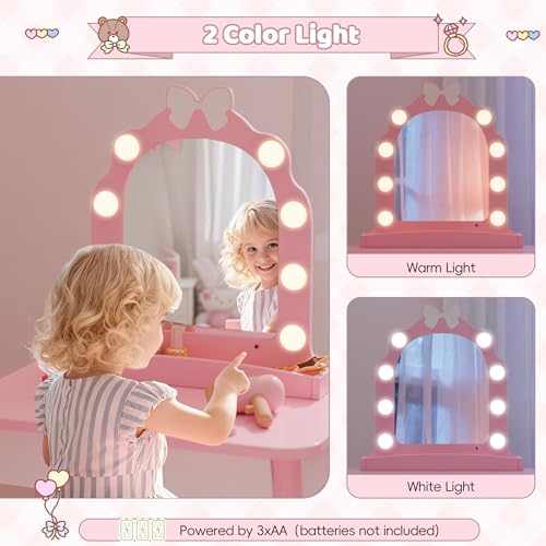 Kids Wooden Vanity Set with Lighted Mirror, Barber Chair & Salon Accessories
