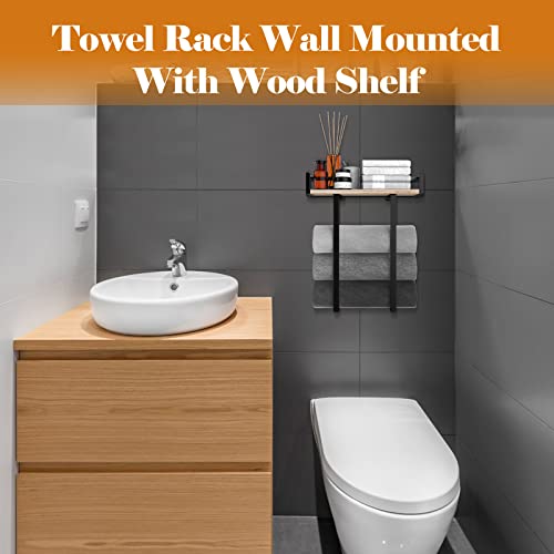 Wall Mounted Towel Rack with Wooden Shelf - Black Metal Bathroom Organizer