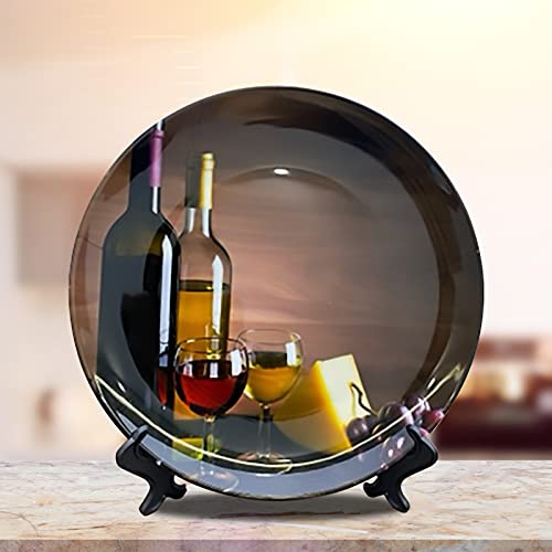 10-Inch Decorative Ceramic Plate with Display Stand - Wine Bottle Theme