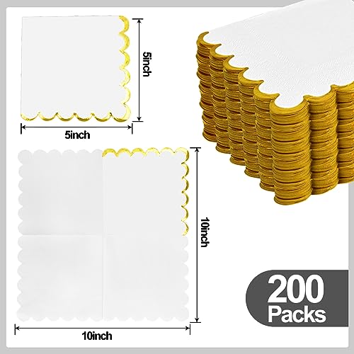 200 Pack White and Gold Scalloped Cocktail Napkins - Disposable Party Tableware