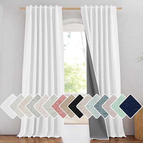 100% Blackout Linen Curtains - Greyish White, 90" Long, Thermal Insulated Drapes (1 Pair, 52" Width Each)
