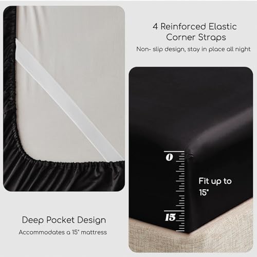 MR&HM Silky Satin Queen Sheet Set - 4 Piece Deep Pocket Bedding, Black